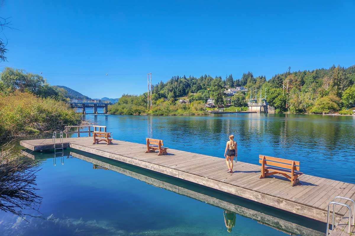 Bailey walks along a dock at Lake Cowichan Â