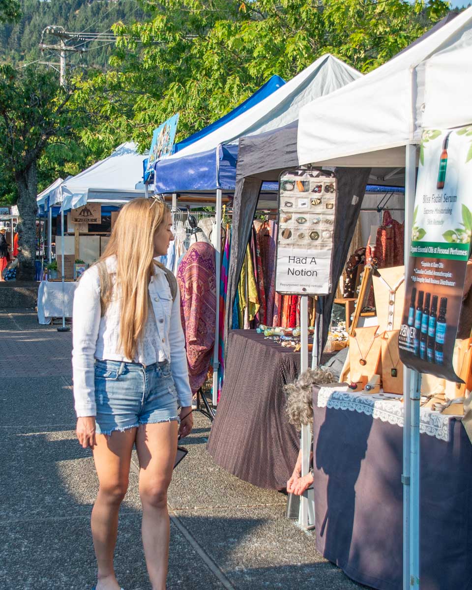 Bailey walks the stalls at the Saturday Market in Ganges on Salt Spring Island