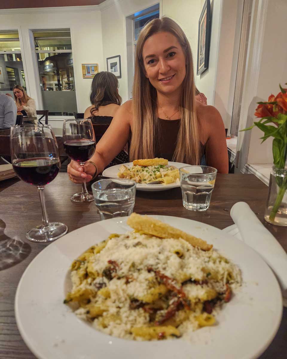 Bailey with her pasta at Auntie Pesto's on Salt Spring Island