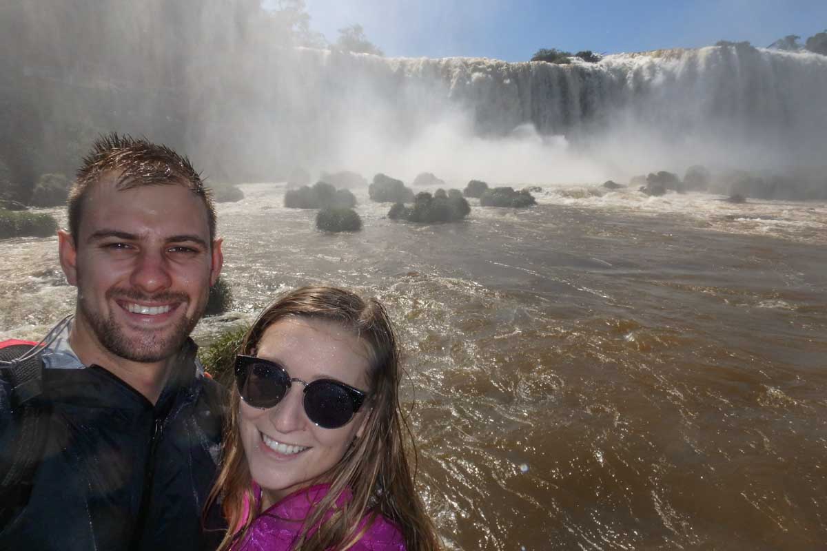 Daniel and Bailey get wet at Iguazu Falls, Brazil