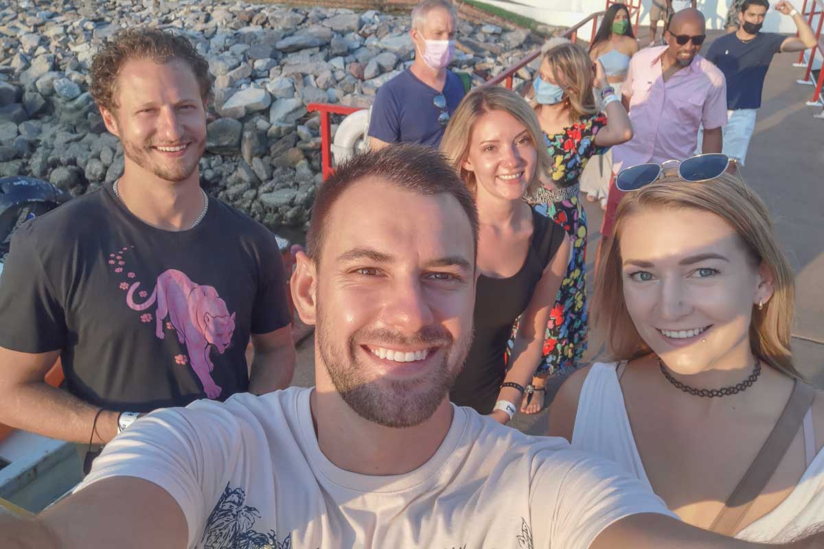 Daniel and Bailey take a selfie with friends as they board the boat to the Rhythms of the Night show in Puerto Vallarta