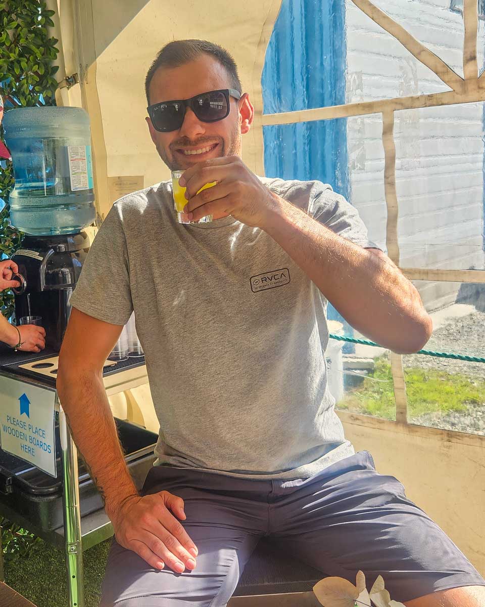 Daniel enjoys a meal at Tofino Distillery