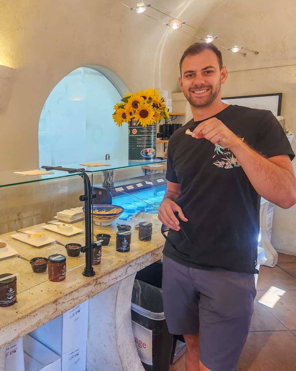 Daniel try's cheese at Salt Spring Island CheeseÂ