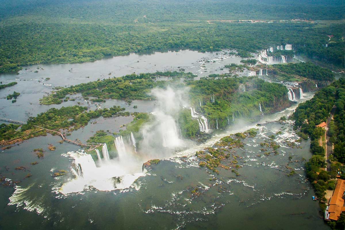 Iguazu falls as seen from the air showing the Devils Throat