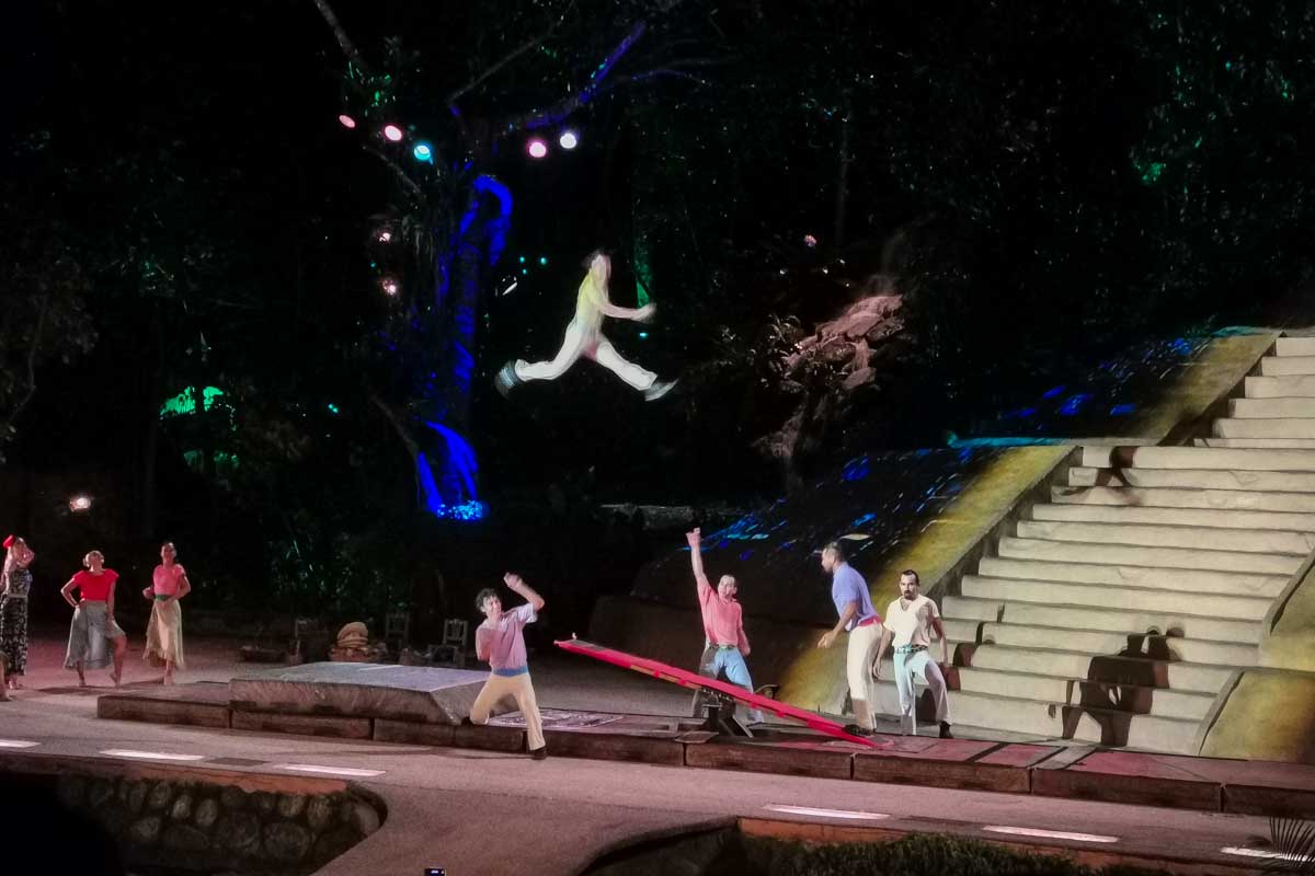 People perform jumping tricks at the Rhythms of the Night show in Puerto Vallarta