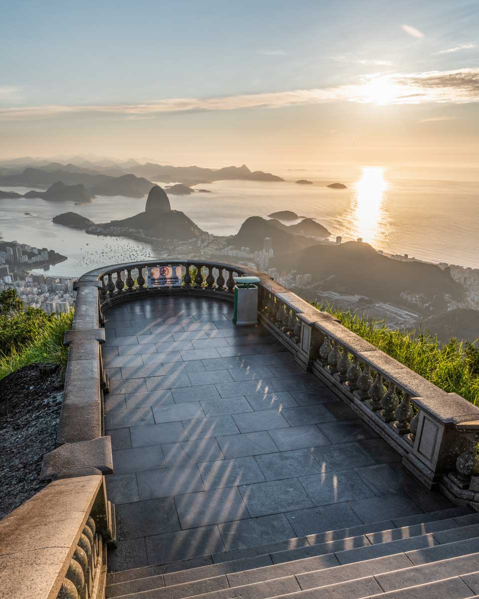 Sunset at a viewing platform at the top of the Christ the Redeemer Statue in Brazil