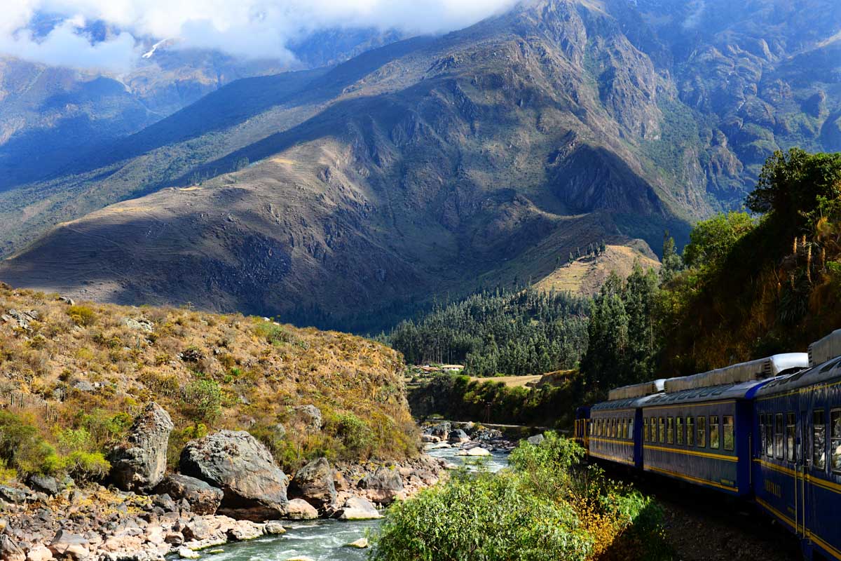 The Peru Rail train travels through valley to Machu Picchu