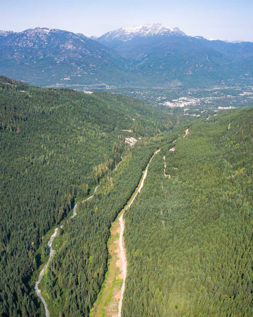 The view out the window of the Peak to Peak Gondola in Whistler, BC