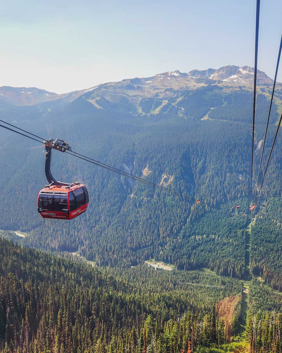 The view out the window of the Sasquatch Zipline in Whistler as another cart moves by.