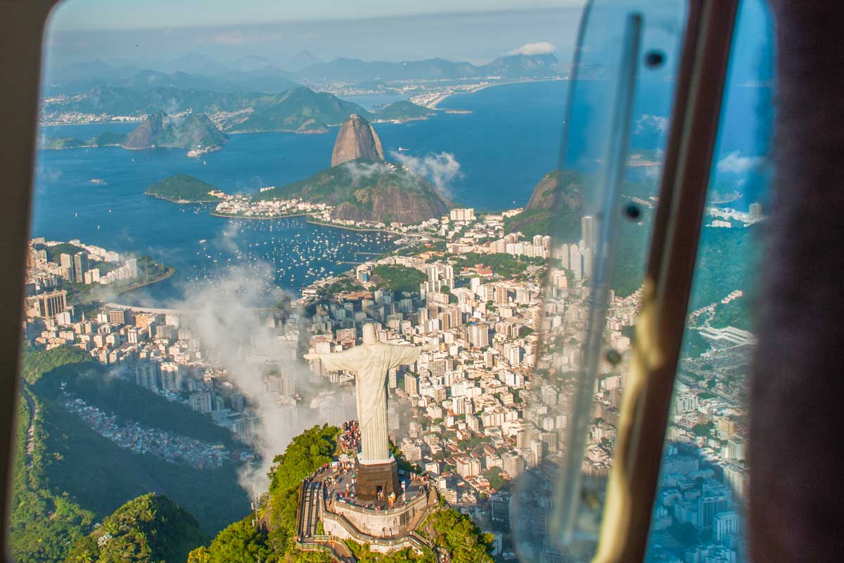 View from a helicopter of the Christ the Redeemer staute in Rio de Janeiro, Brazil
