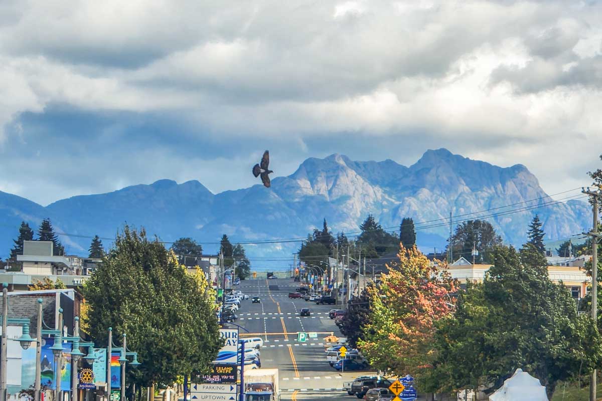 View of the road with a mountain backdrop in Port Alberni, BC