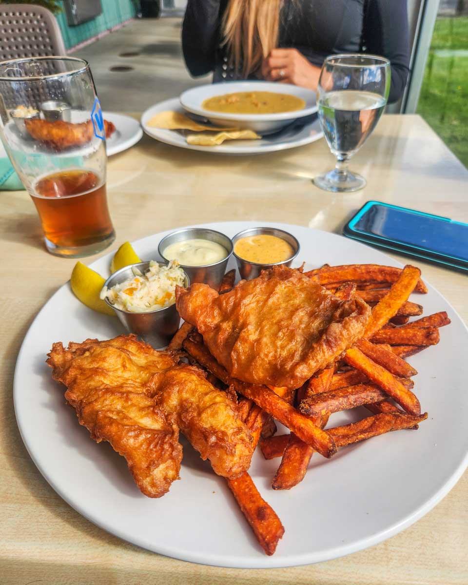 fish and chips and clam chowder at The Starboard Grill in Harbor Quay
