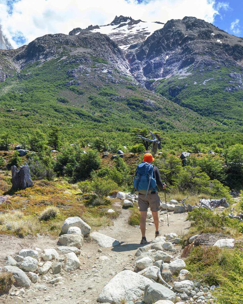 A man hikes along the trail to Mount Fitz Roy Laguna de los Tres