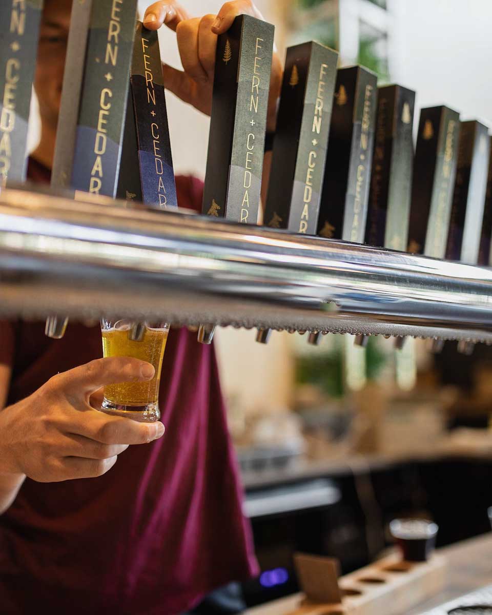 A man pours a beer at Fern + Cedar Brewing Company