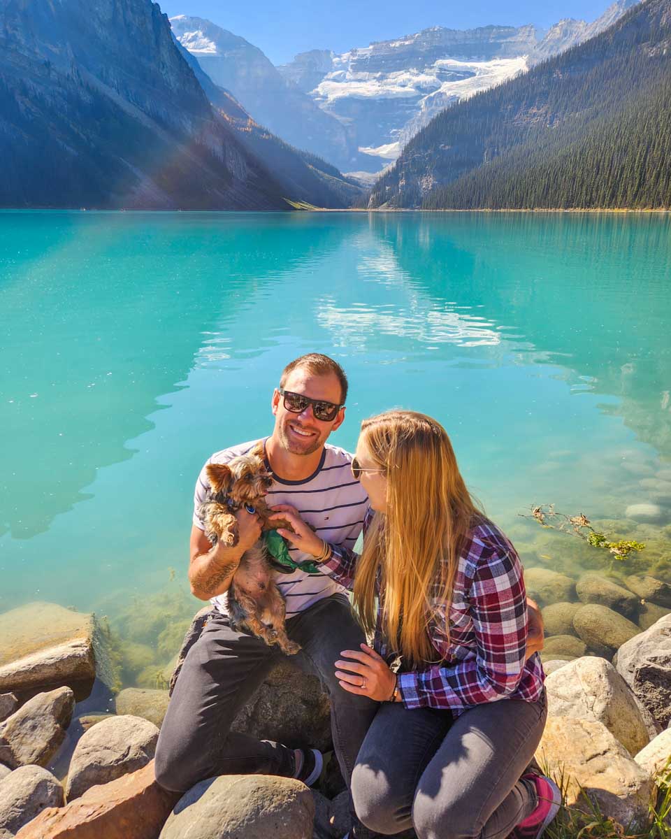 Bailey and Daniel with their dog rex at Lake Louise foreshore