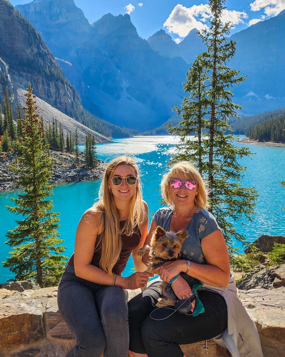 Bailey and her mum pose for a photo at Moraine Lake