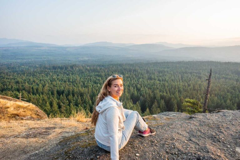 Bailey looks at the camera at Little Mountain Lookout near PArksville, BC