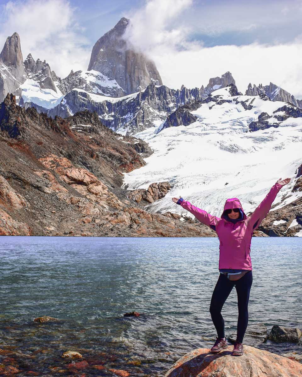 Bailey stands on a rock at Mount Fitz Roy Laguna de los Tres