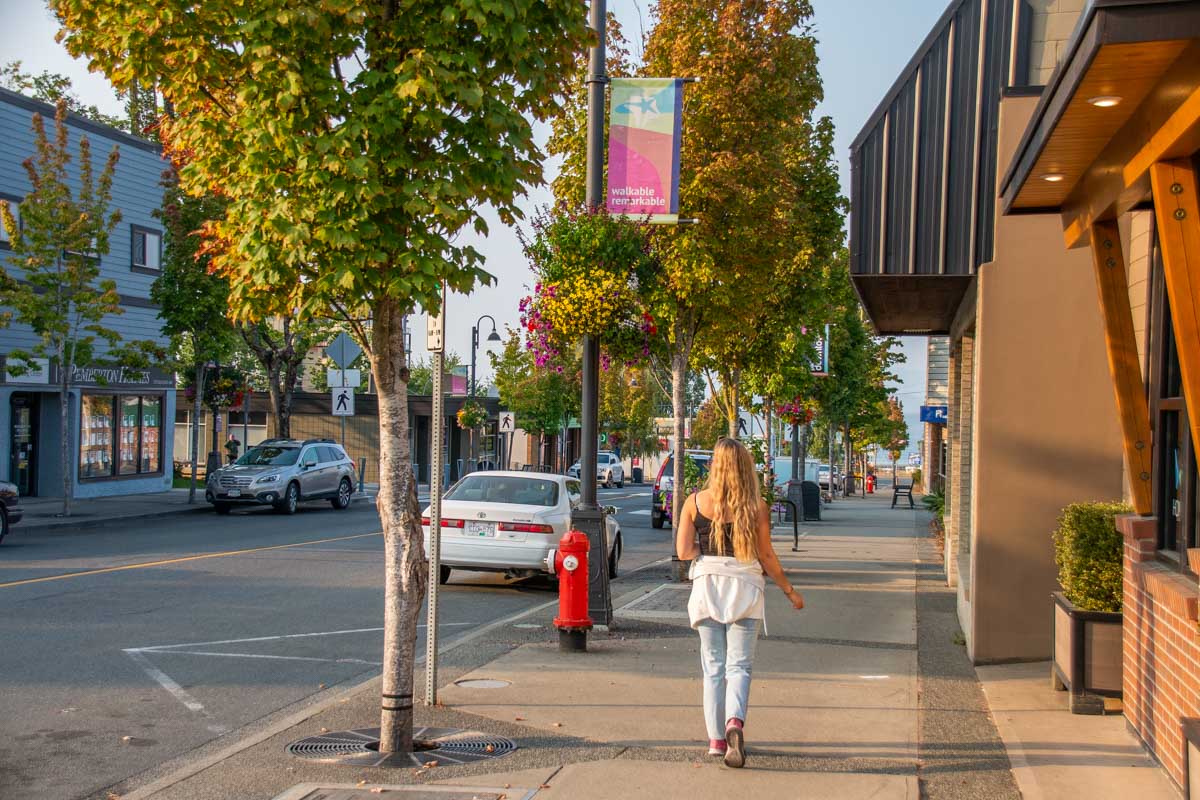 Bailey walks in downtown Parksville, Canada