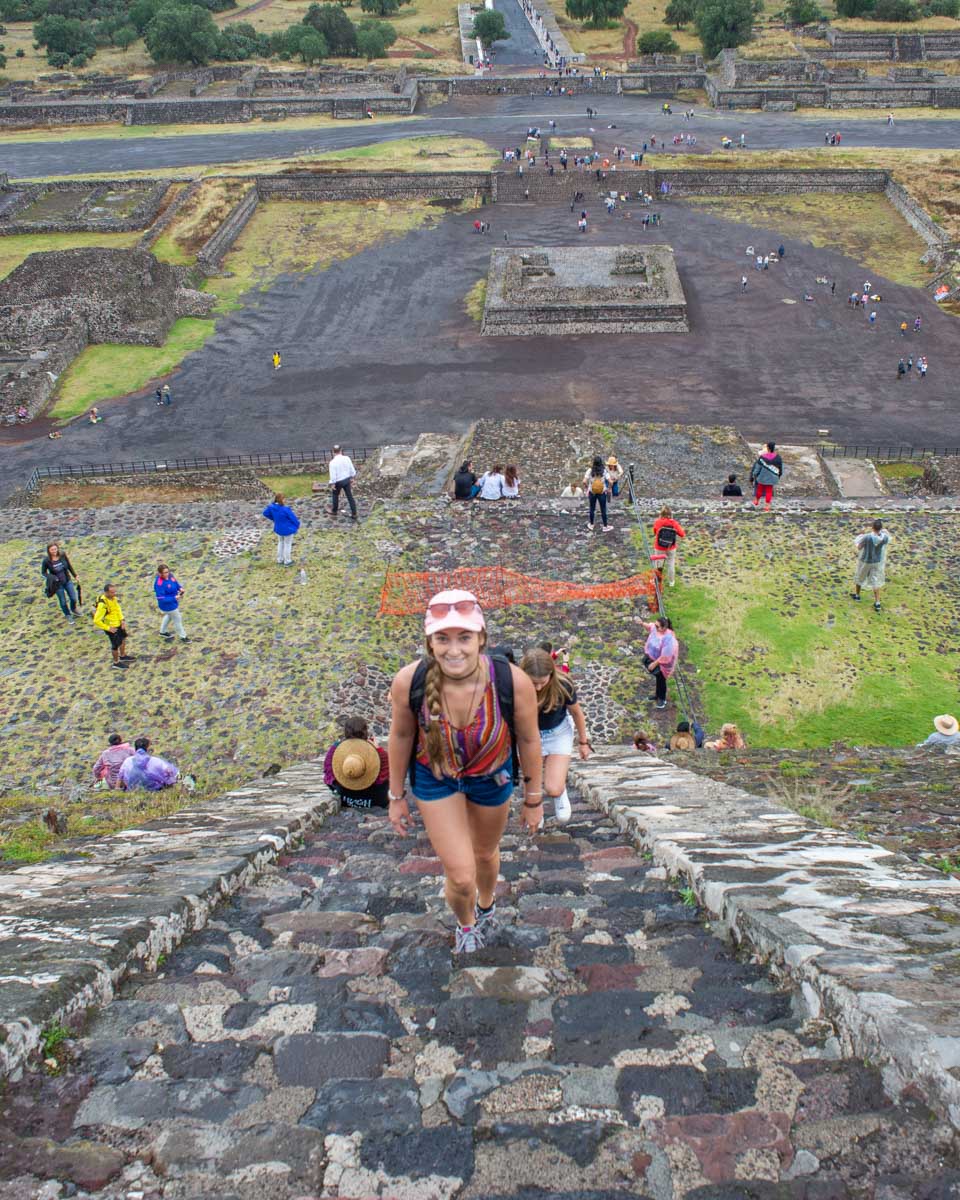 Bailey walks up the Temple of the Sun at Teotihuacan, Mexico