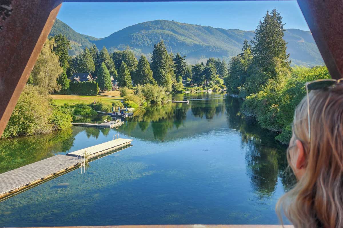 Baileys looks out from The Duck Pond Bridge in Lake CowichanÂ