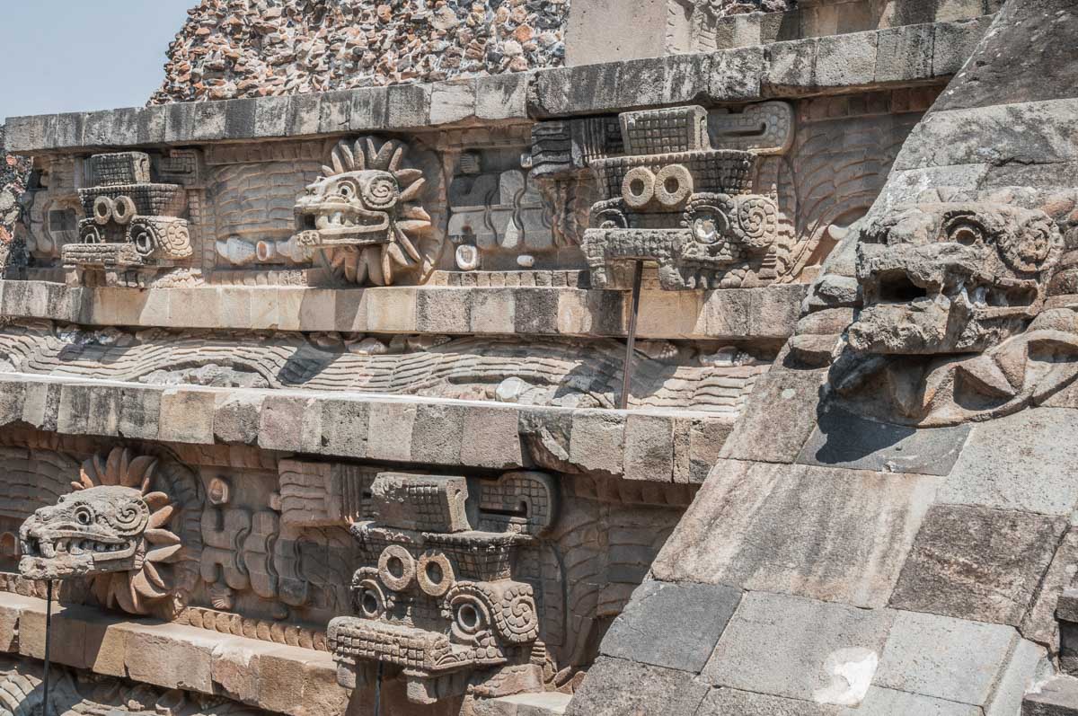 Close up of the sculptures on the temples at Teotihuacan, Mexico
