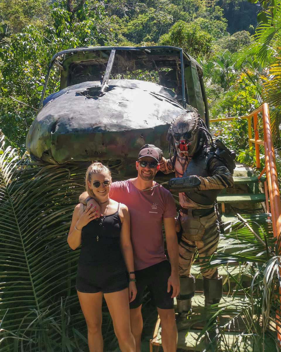 Daniel and Bailey on the El Eden ATV Adventure in Puerto Vallarta with the helicopter used in Predator movie