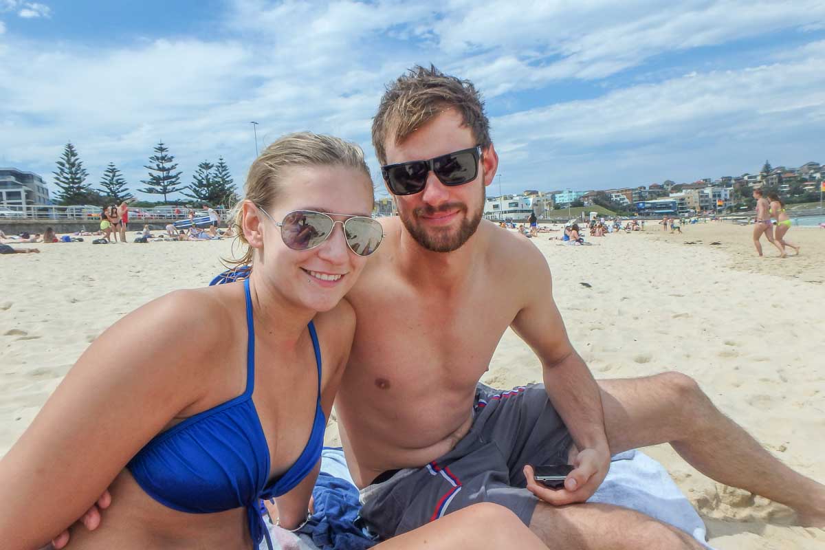 Daniel and Bailey take a photo together at Bondi Beach in Sydney
