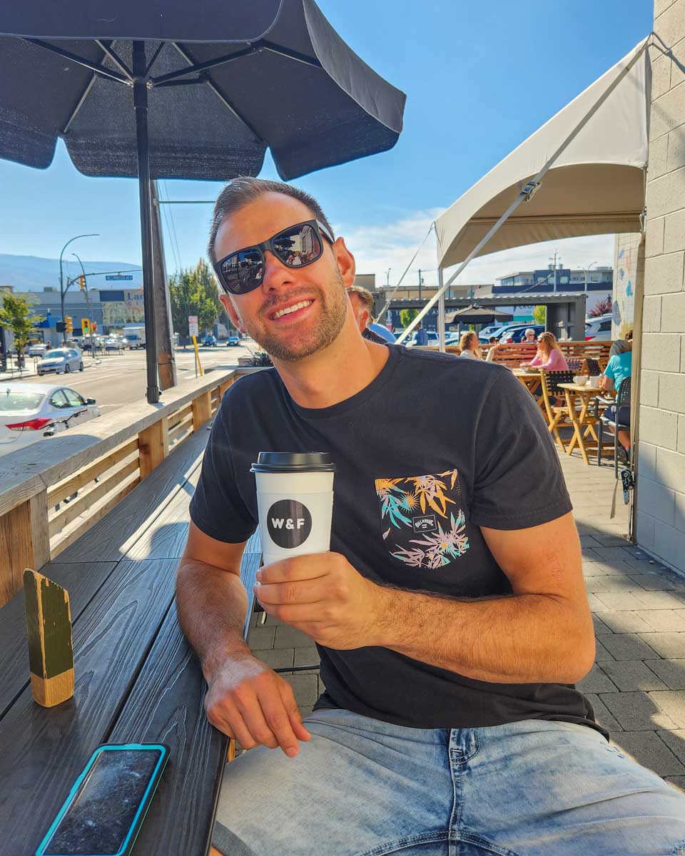 Daniel with a coffee at wayne and freda penticton