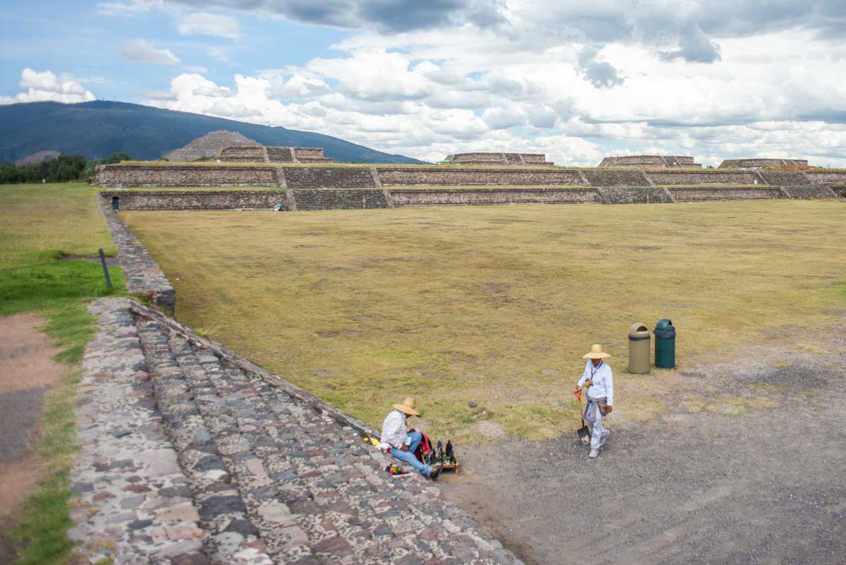Structures and grass at Teotihuacan, Mexico
