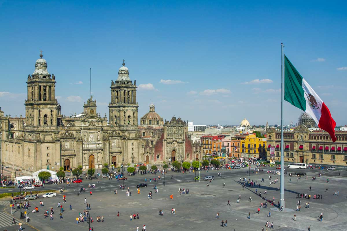 The Zócalo in Mexico City with the huge flag