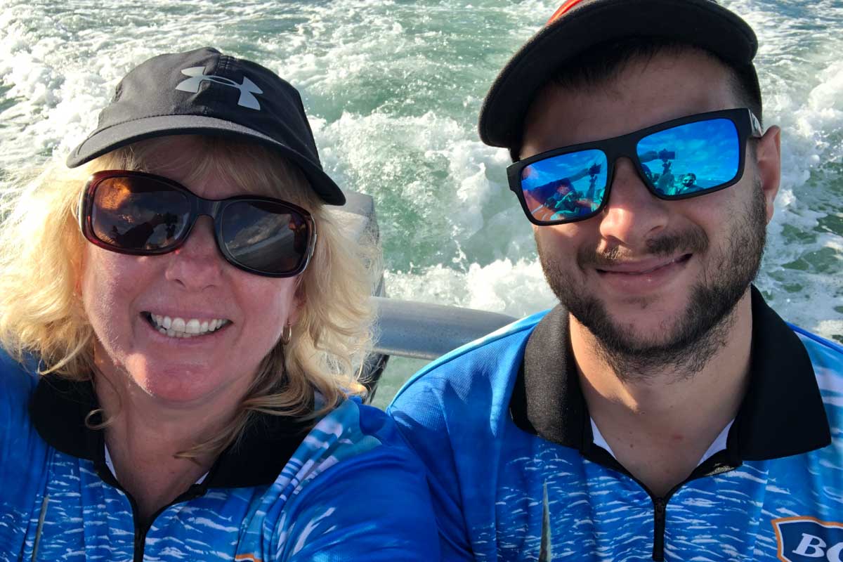 Two people take a selfie on an Exmouth Whale shark tour