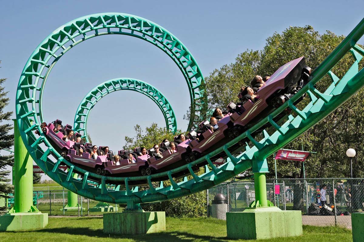 roller coaster passing through loops at Calaway Park in Calgary, Alberta, Canada