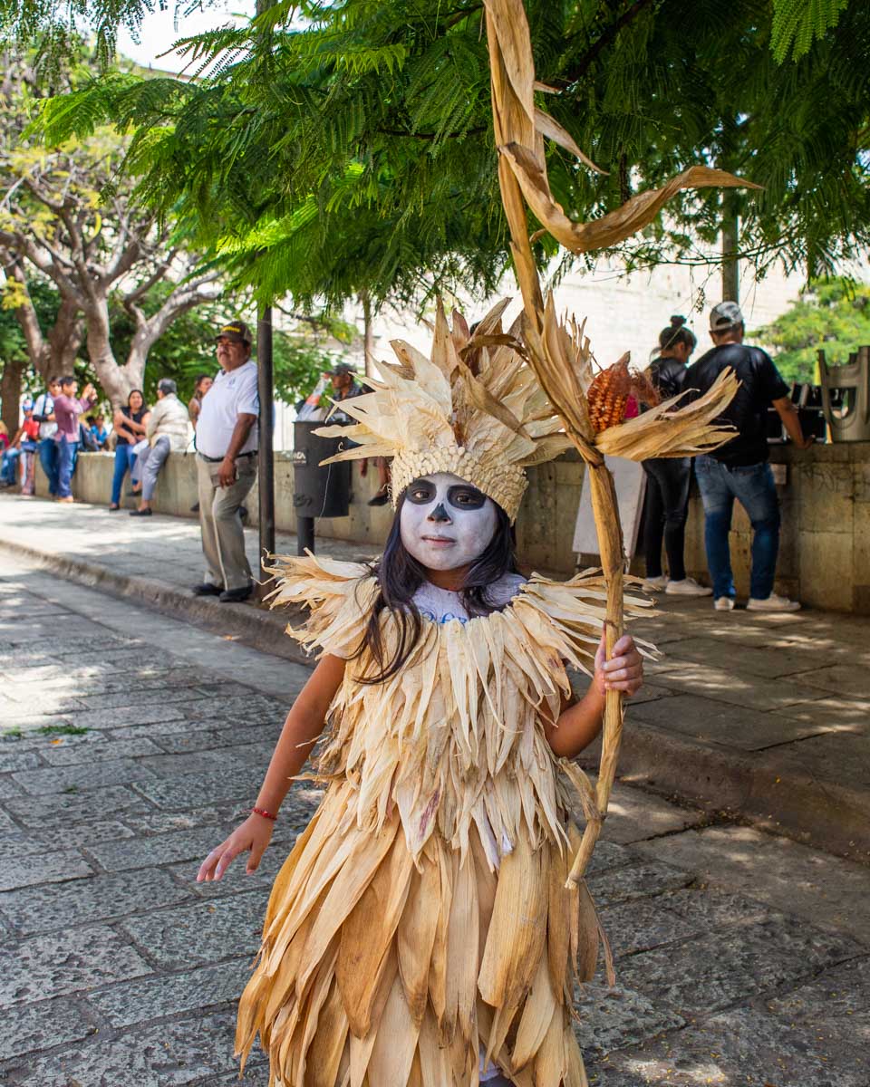 A kid dressed up in a costume for Day of the Dead in Oaxaca, Mexico