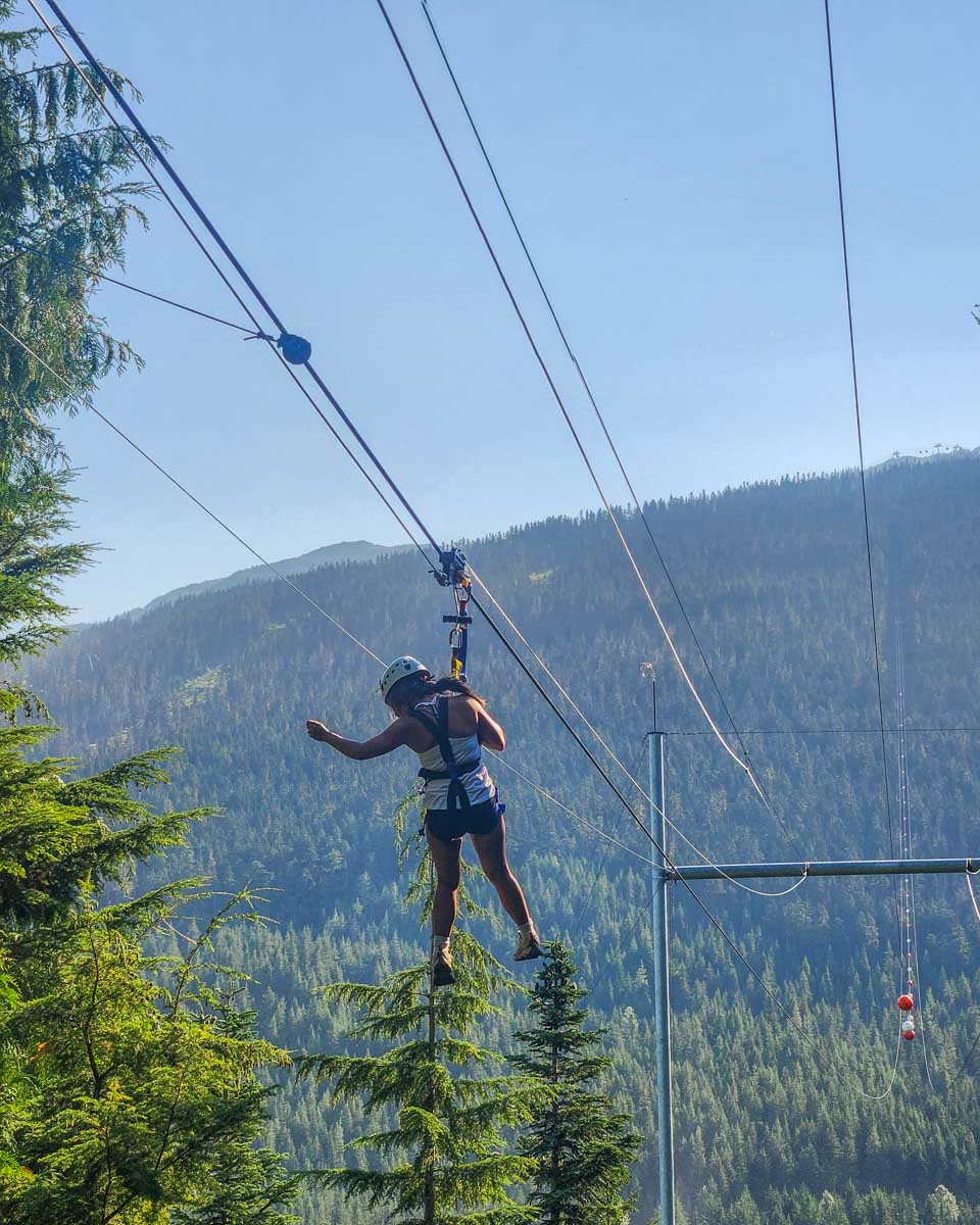 A man on The Sasquatch Zipline in Whistler