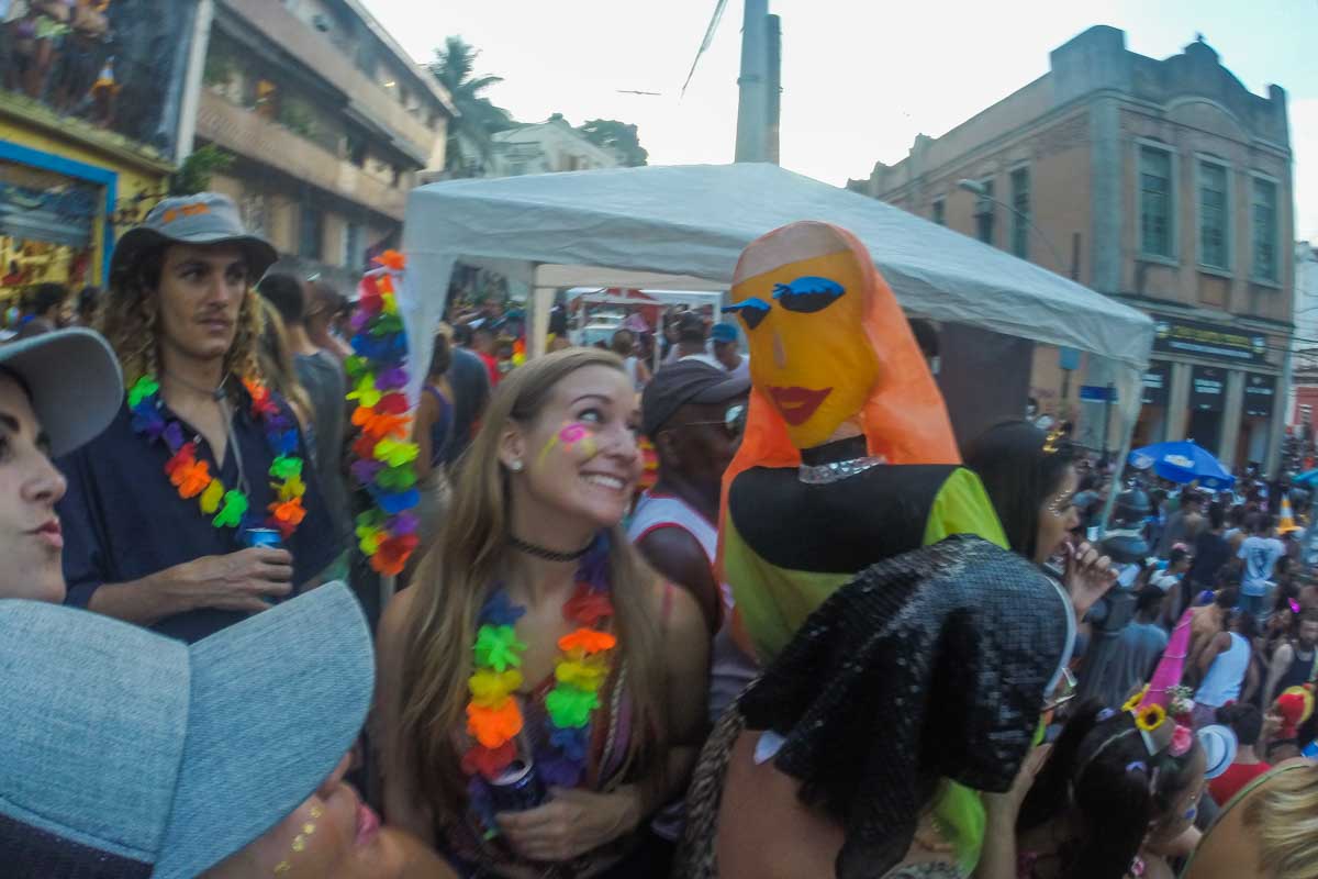 Bailey in the crowds of Carnival all dressed up and ready to party
