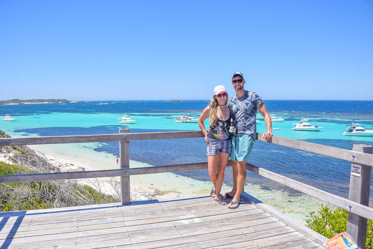 Daniel and Bailey on a viewing platform with a beautiful ocean view on Rottnest Island, Perth