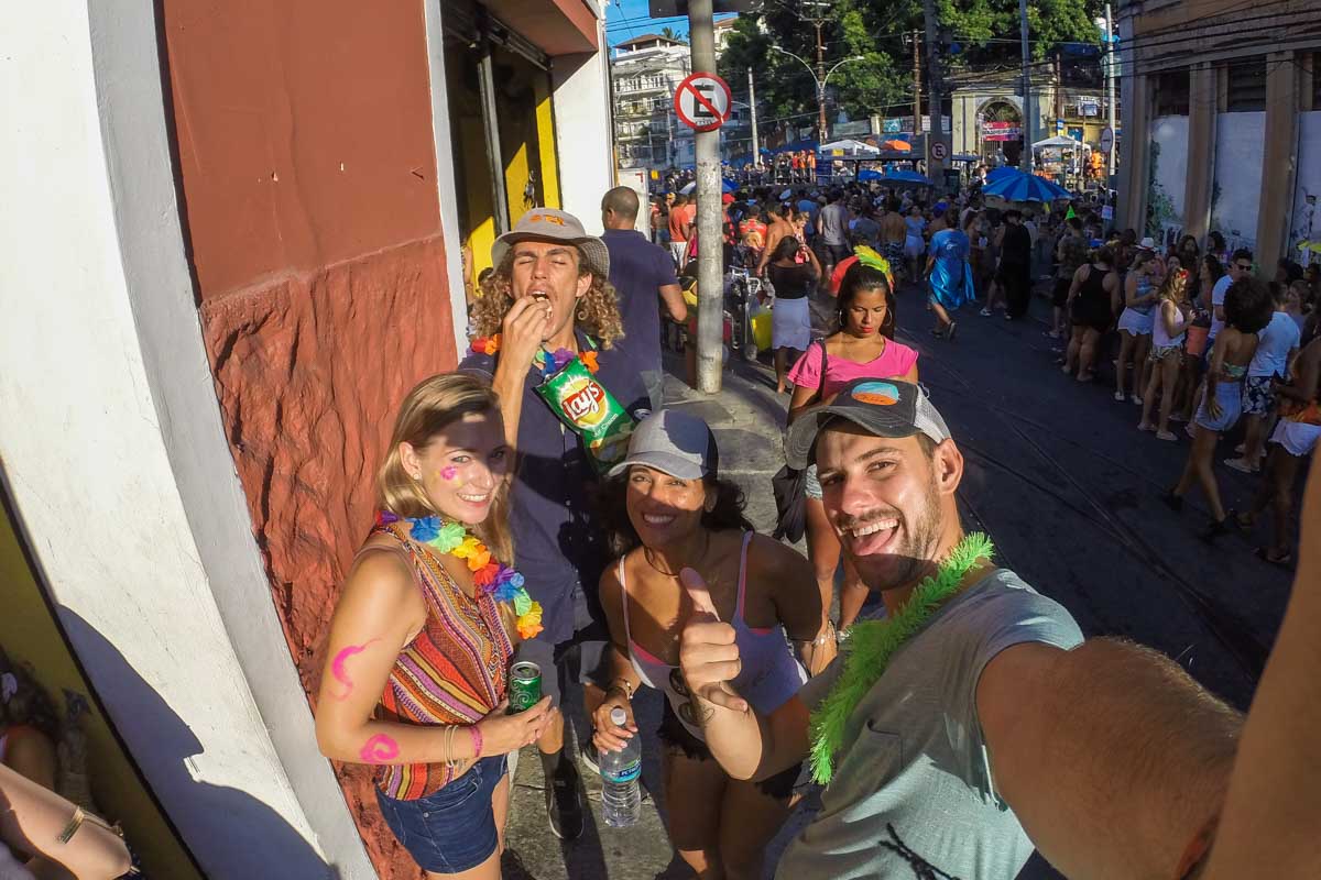 Daniel and Bailey take a selfie with friends during Carnival, Brazil