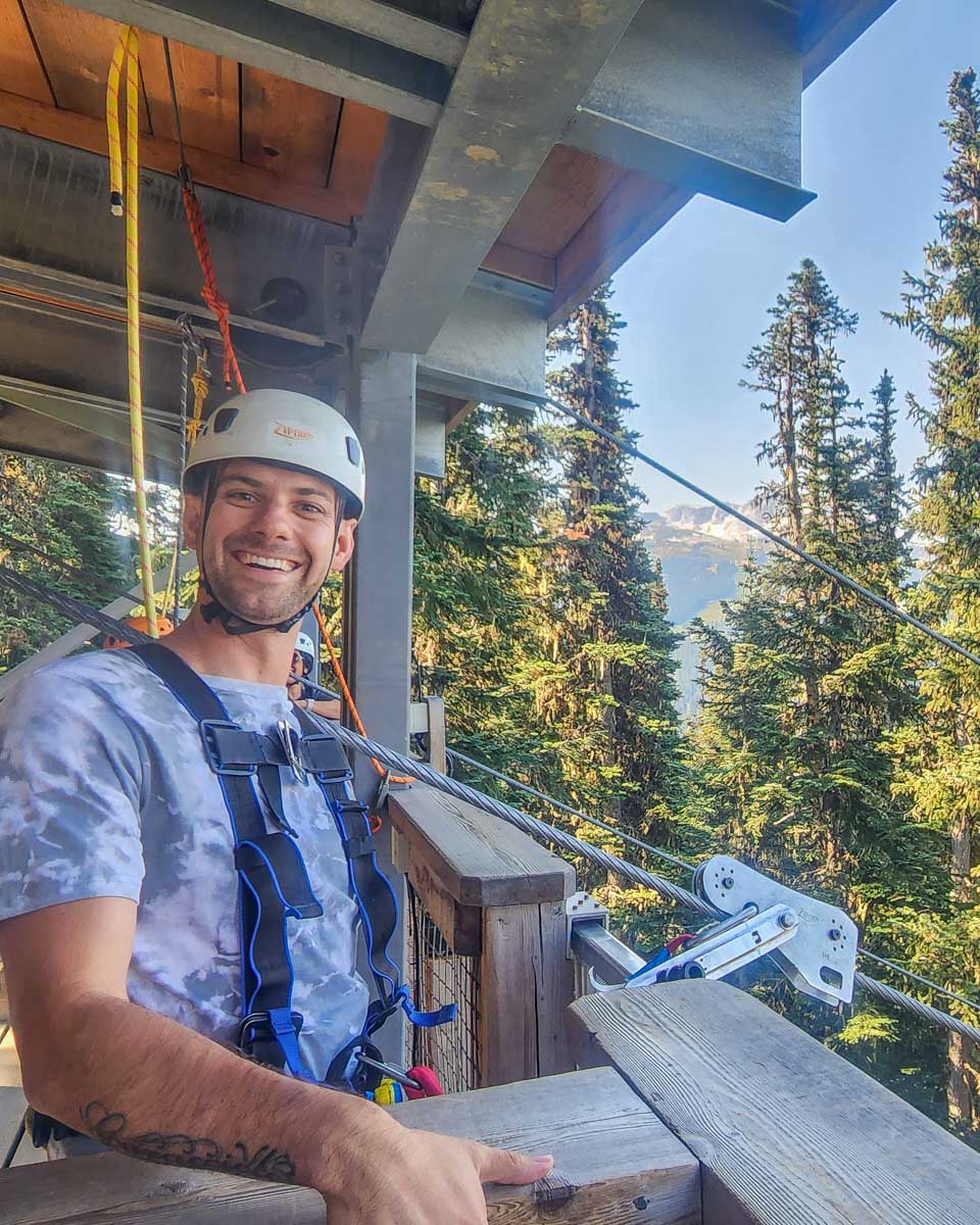 Daniel at the top of The Sasquatch zipline in Whistler