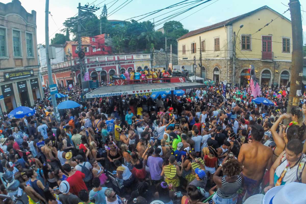 Large crowd at a bloco party in Santa Teresa, Rio de Janeiro, Brazil