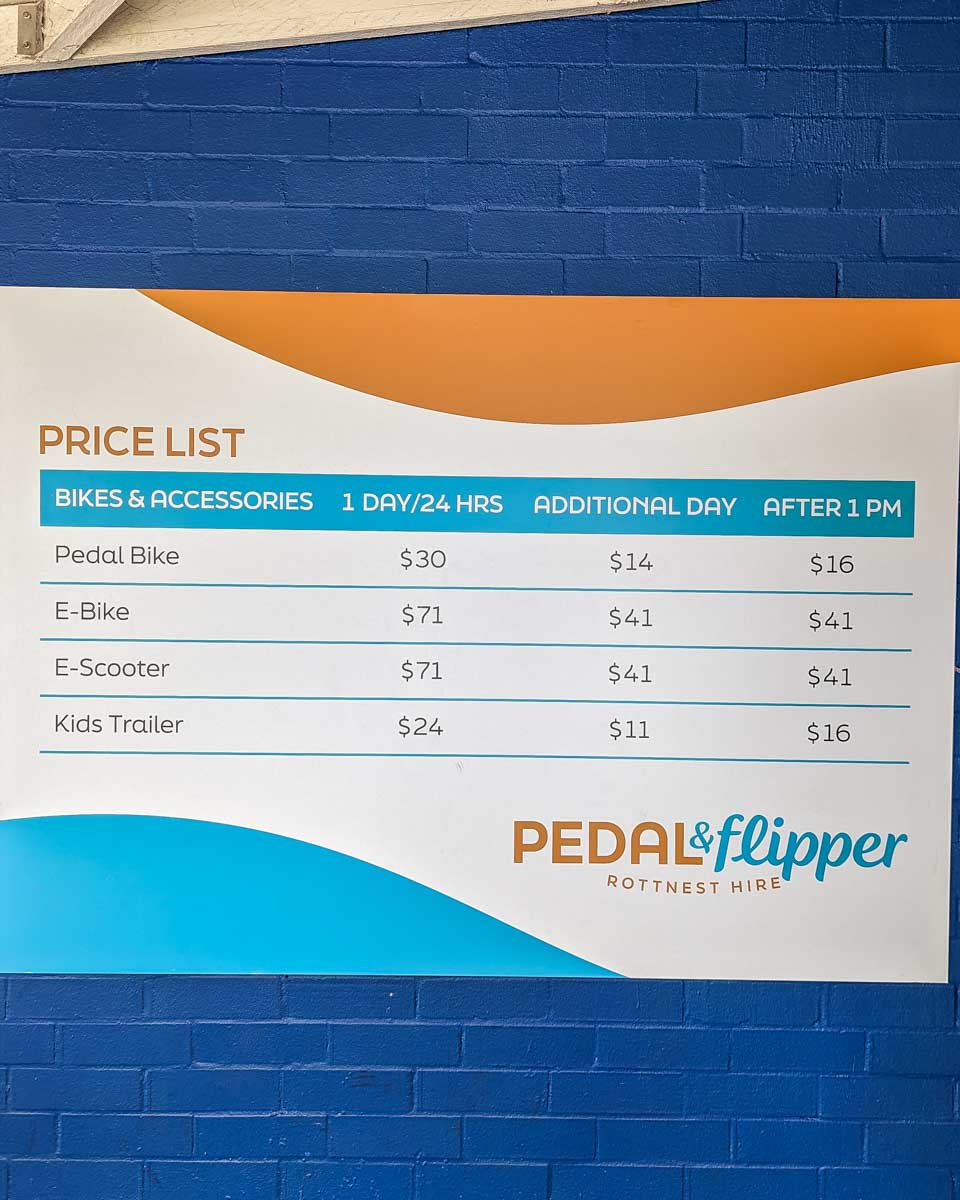 Prices at Pedal & Flipper on Rottnest Island