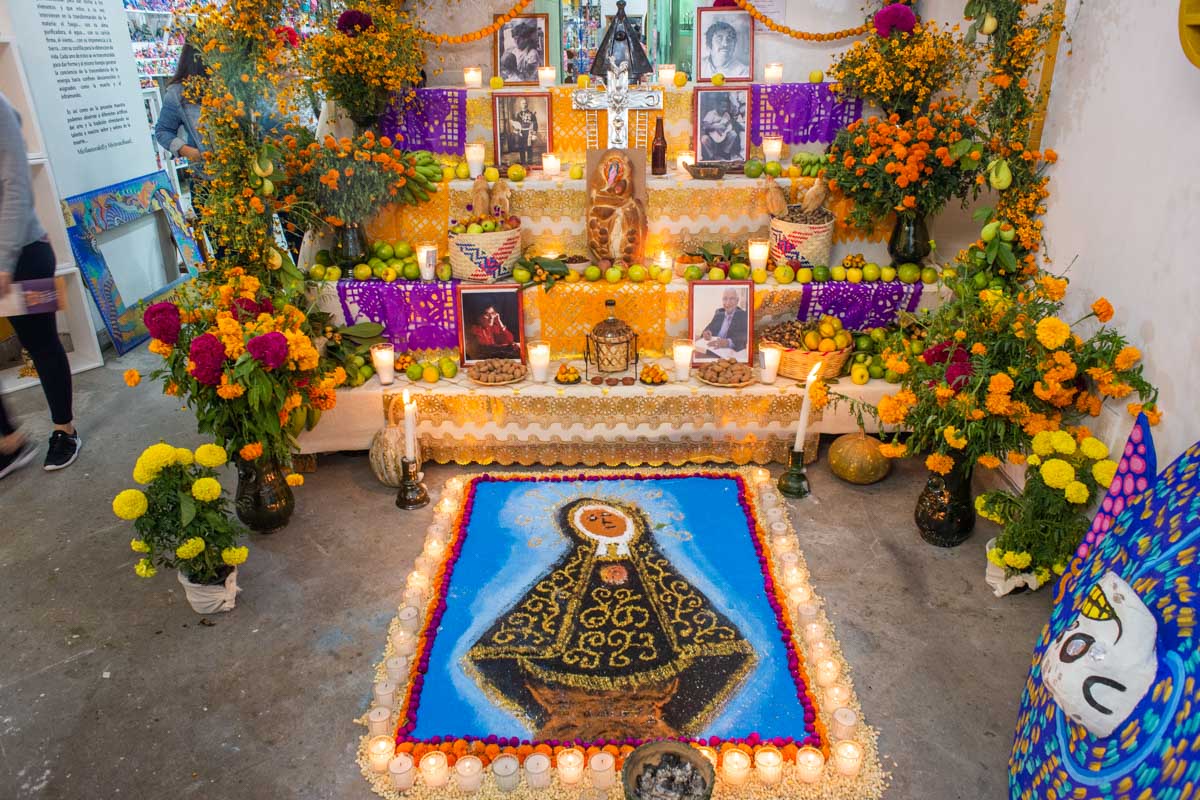 Sand display and altar during Día de los Muertos in Mexico