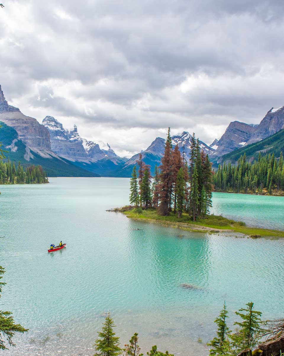 A canoe at Spirit Island, Maligne Lake, Canada