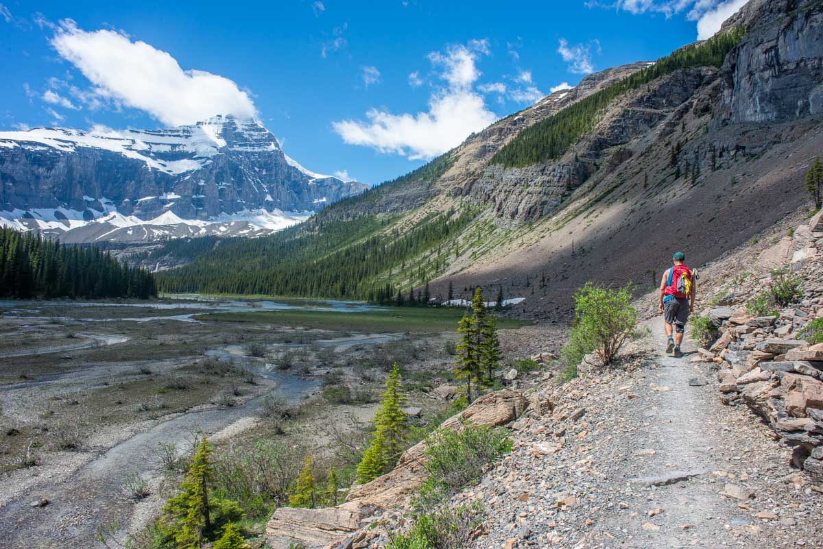 A man walks along a trail in Mount Robson Provincial Park, Canada