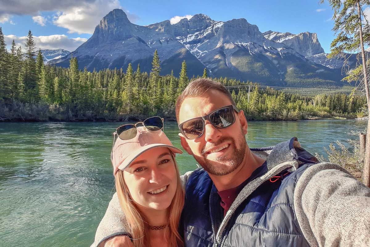 Bailey and Daniel Take a selfie in Canmore, Alberta on the Bow River