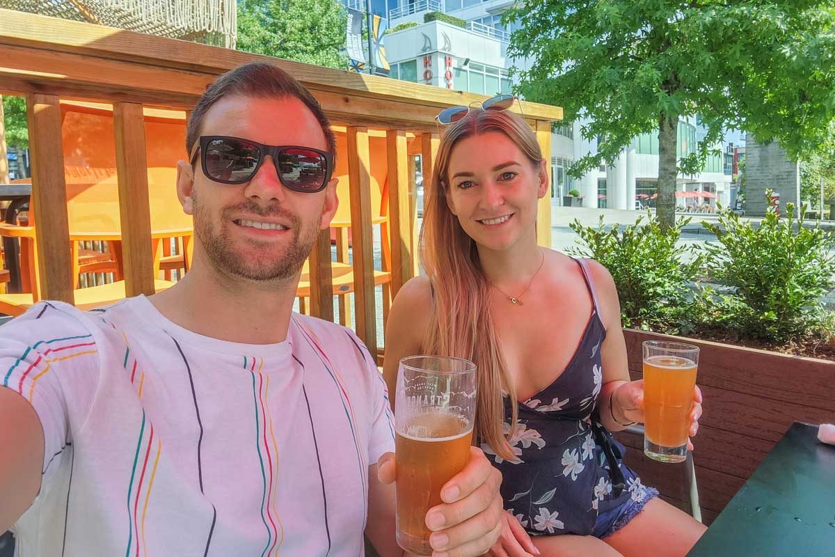 Bailey and Daniel enjoy a beer at Burgoo Bistro Lonsdale