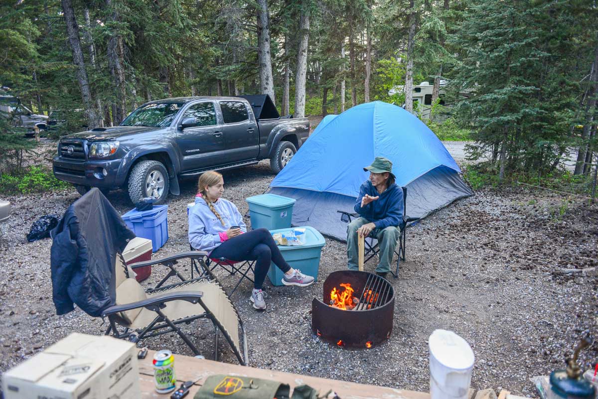 Bailey and her dad camp in Bow Valley Provincial Park, Alberta
