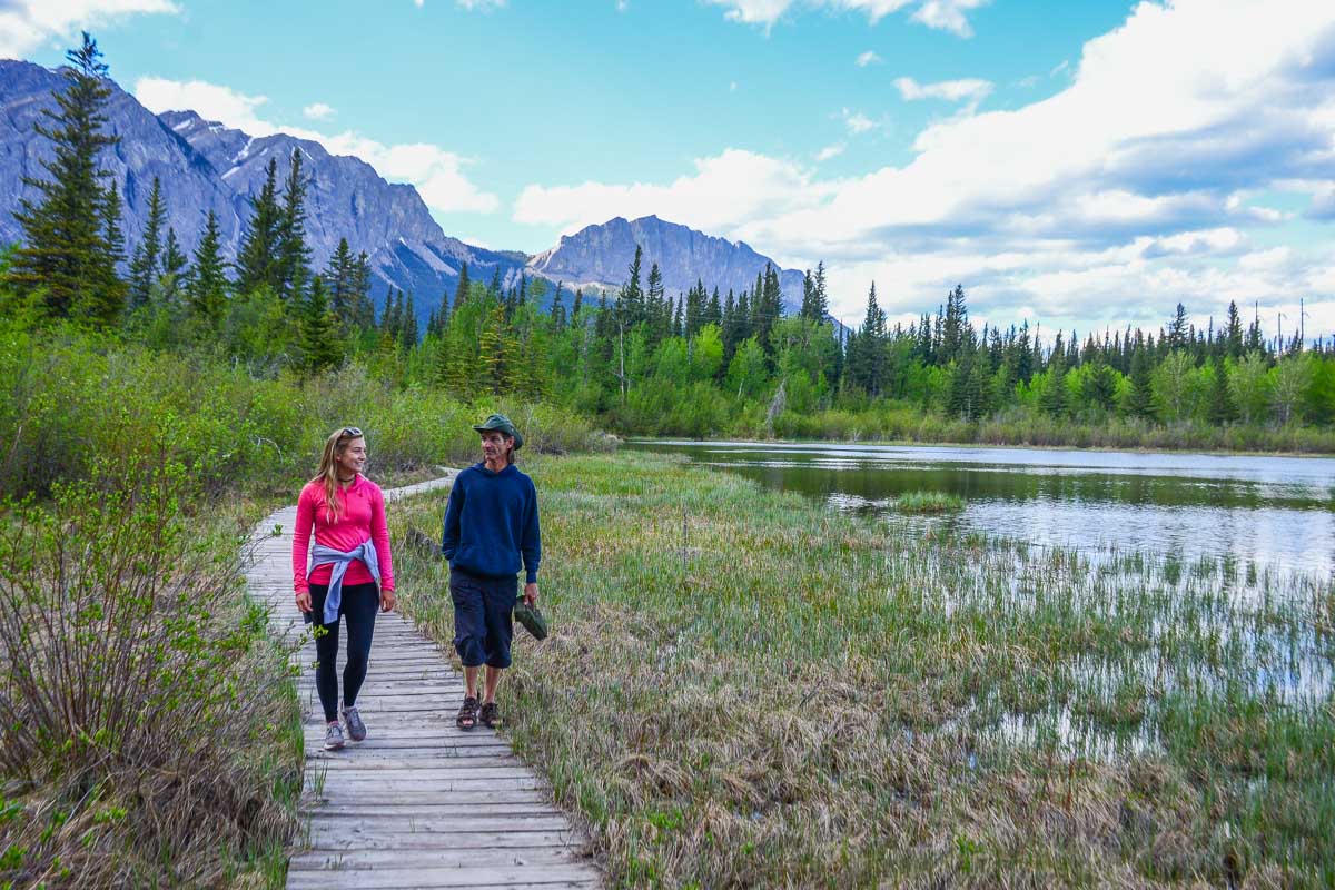 Bailey and her dad walk though Many Springs trail in Bow Valley Provincial Park