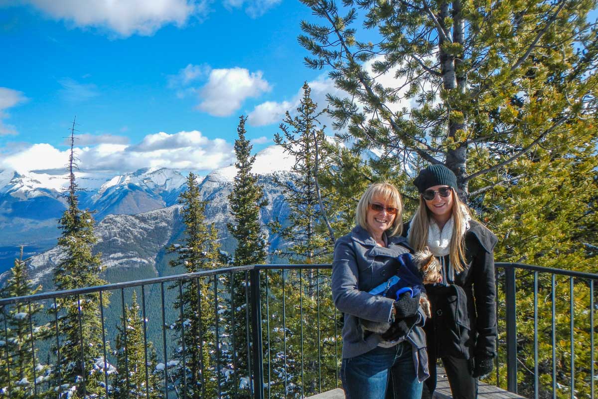 Bailey and her mum with their dog rex at the top of the Banff Gondola
