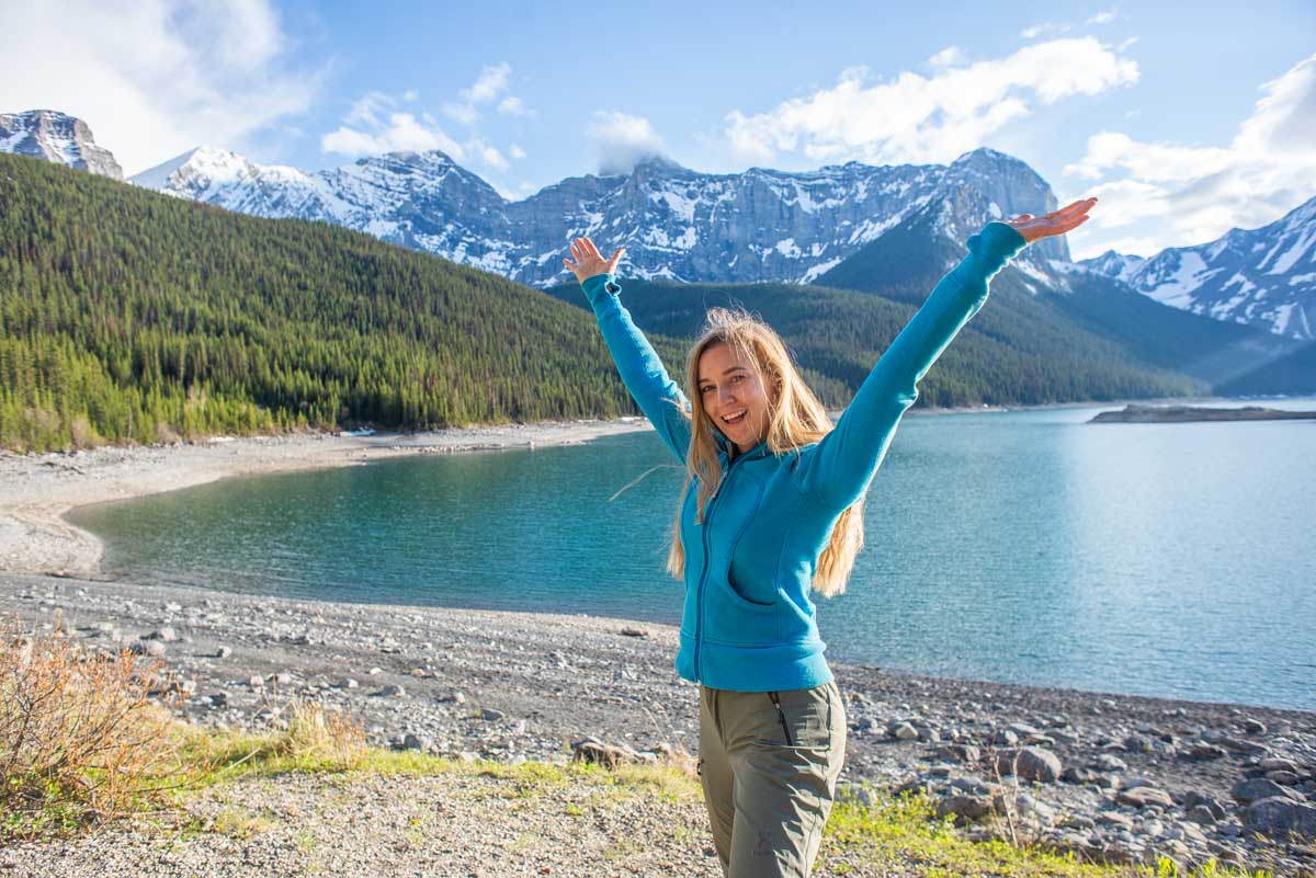 Bailey at Upper Kananaskis Lake in Alberta Canada at sunset
